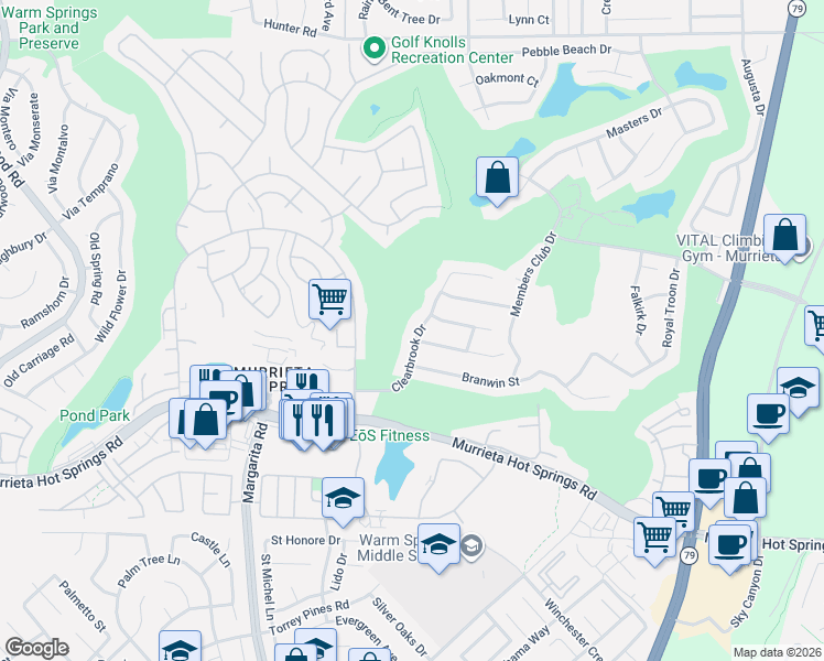 map of restaurants, bars, coffee shops, grocery stores, and more near 38657 Clearbrook Drive in Murrieta