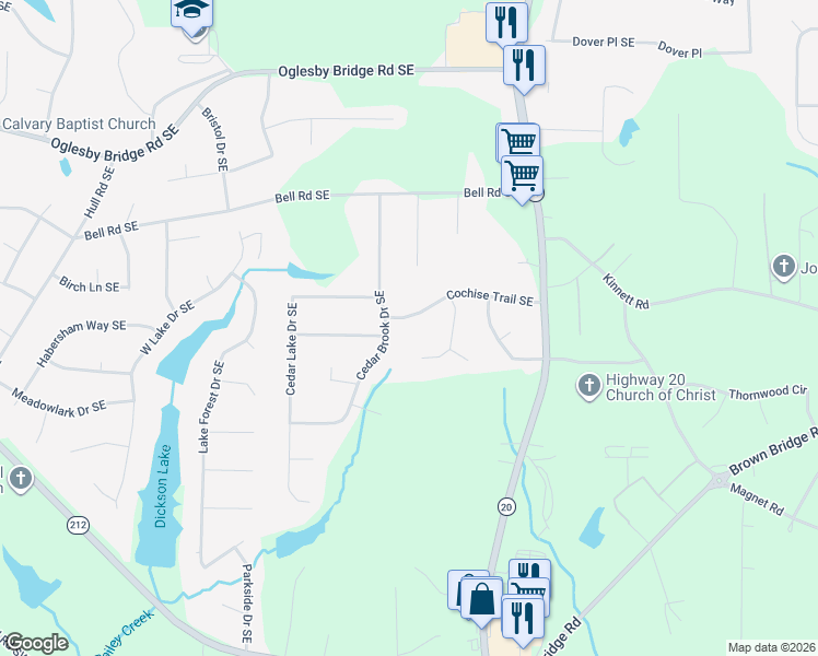 map of restaurants, bars, coffee shops, grocery stores, and more near 841 Cochise Trail Southeast in Conyers