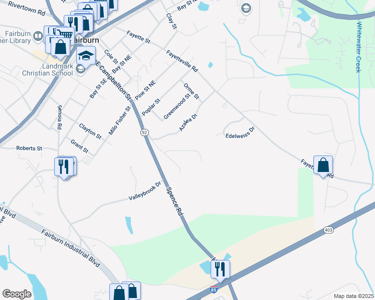 map of restaurants, bars, coffee shops, grocery stores, and more near Willow Creek Road in Fairburn