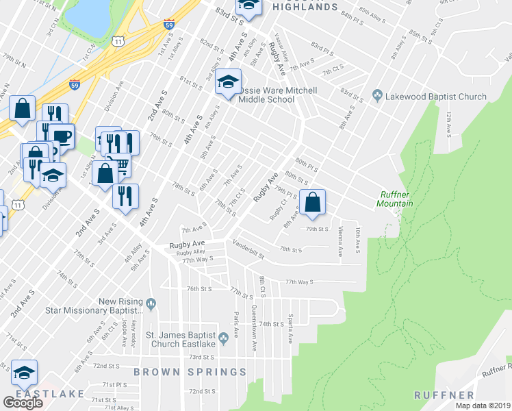 map of restaurants, bars, coffee shops, grocery stores, and more near 7824 Rugby Avenue in Birmingham