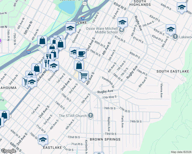map of restaurants, bars, coffee shops, grocery stores, and more near 7748 4th Avenue South in Birmingham