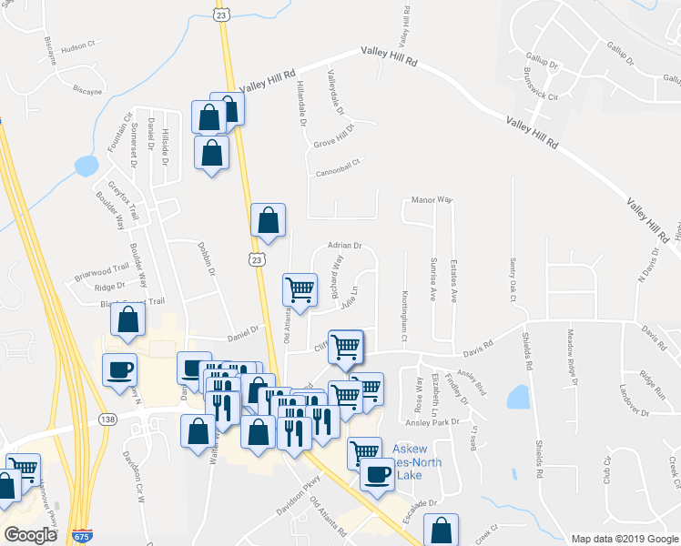 map of restaurants, bars, coffee shops, grocery stores, and more near 111 Richard Way in Stockbridge