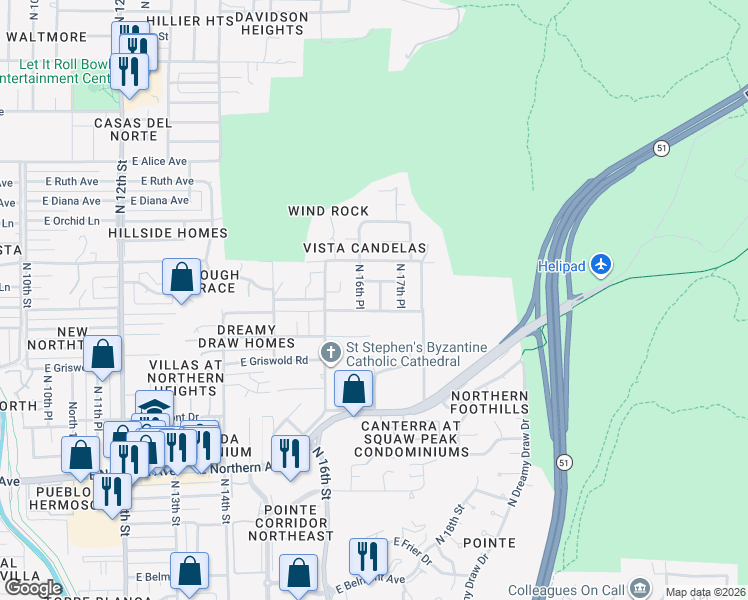 map of restaurants, bars, coffee shops, grocery stores, and more near 8415 North 17th Street in Phoenix