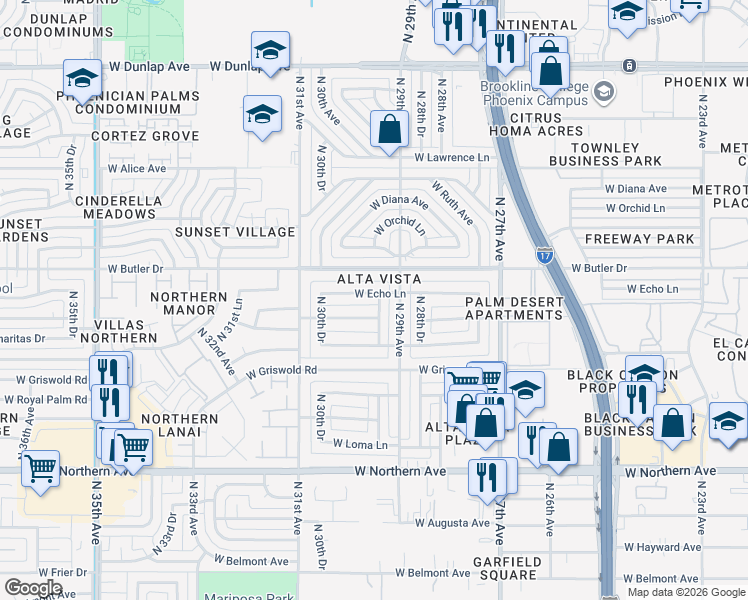 map of restaurants, bars, coffee shops, grocery stores, and more near 2916 West Echo Lane in Phoenix