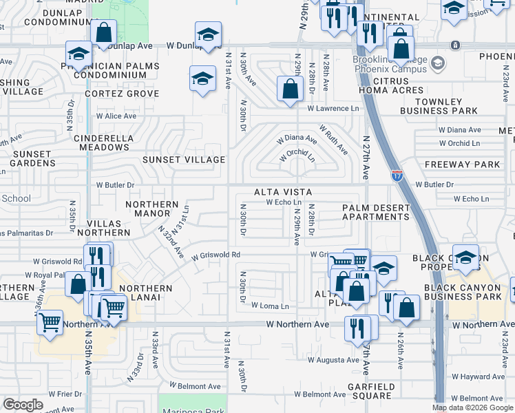 map of restaurants, bars, coffee shops, grocery stores, and more near 3002 West Echo Lane in Phoenix