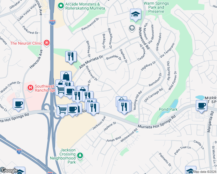 map of restaurants, bars, coffee shops, grocery stores, and more near 25758 Midas Court in Murrieta