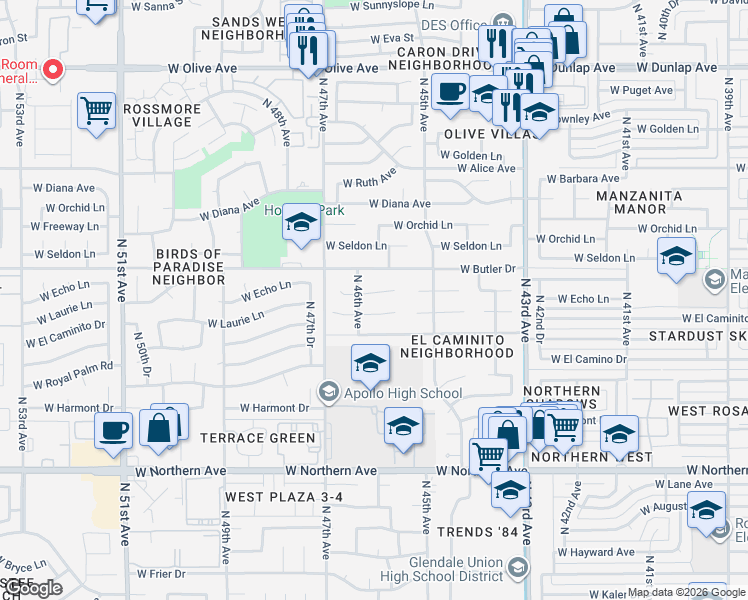 map of restaurants, bars, coffee shops, grocery stores, and more near 4554 West Echo Lane in Glendale