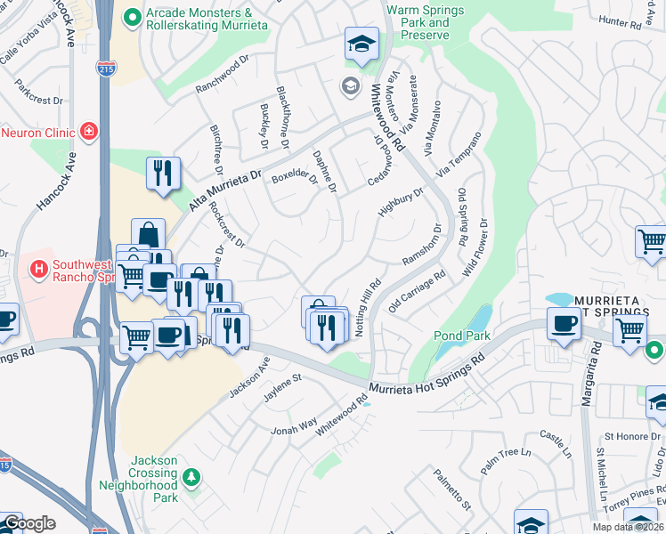 map of restaurants, bars, coffee shops, grocery stores, and more near 39818 Daphne Drive in Murrieta