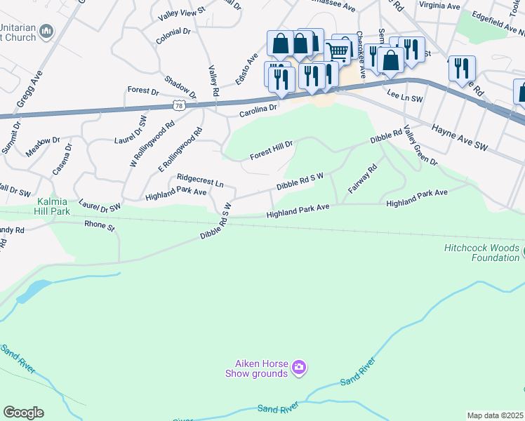 map of restaurants, bars, coffee shops, grocery stores, and more near 1529 Dibble Road South West in Aiken