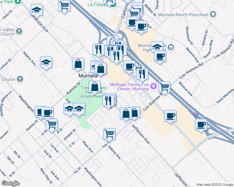 map of restaurants, bars, coffee shops, grocery stores, and more near 41411 Juniper Street in Murrieta