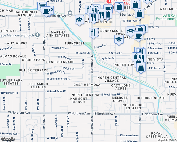 map of restaurants, bars, coffee shops, grocery stores, and more near 8424 North Central Avenue in Phoenix