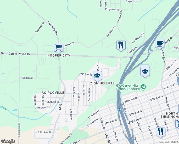 map of restaurants, bars, coffee shops, grocery stores, and more near 32 40th Avenue West in Birmingham