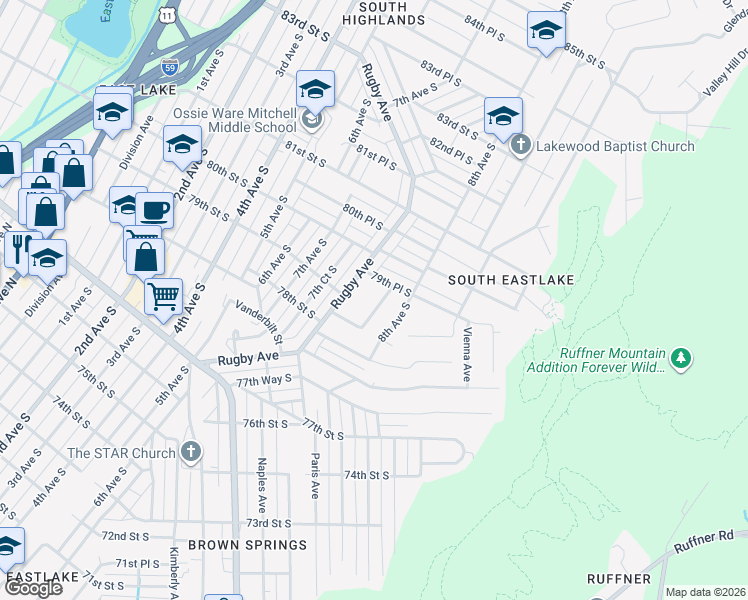 map of restaurants, bars, coffee shops, grocery stores, and more near 7844 Rugby Court in Birmingham