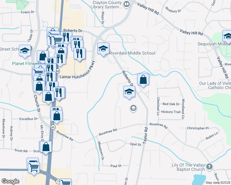 map of restaurants, bars, coffee shops, grocery stores, and more near 7158 Williamsburg Drive in Riverdale