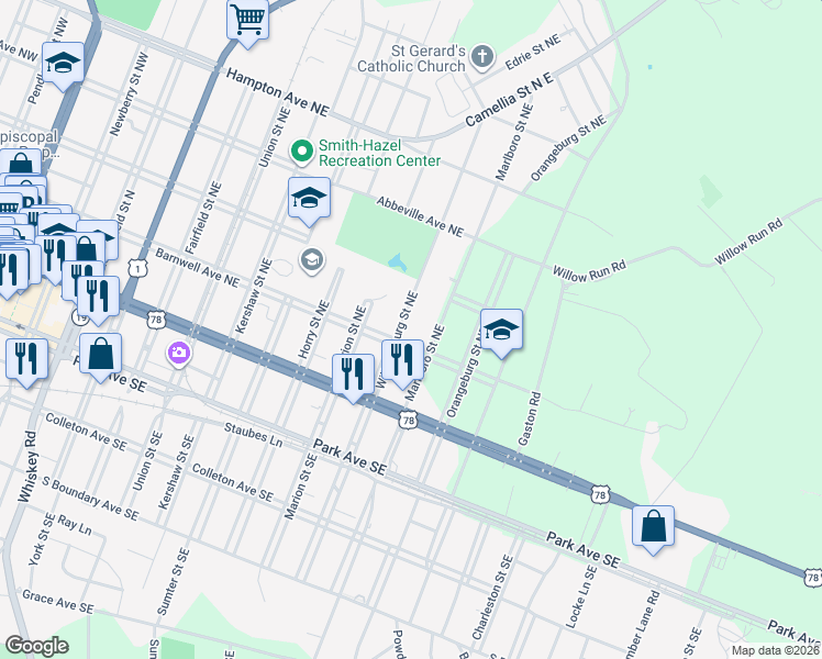 map of restaurants, bars, coffee shops, grocery stores, and more near 226 Williamsburg Street Northeast in Aiken