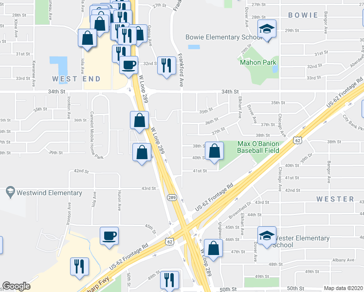 map of restaurants, bars, coffee shops, grocery stores, and more near 7013 38th Street in Lubbock
