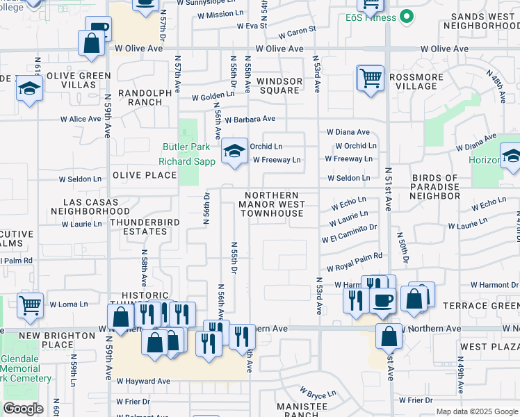map of restaurants, bars, coffee shops, grocery stores, and more near 5489 West Echo Lane in Glendale