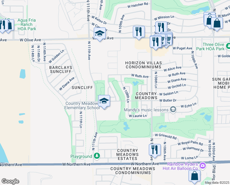map of restaurants, bars, coffee shops, grocery stores, and more near 8569 North 110th Avenue in Peoria