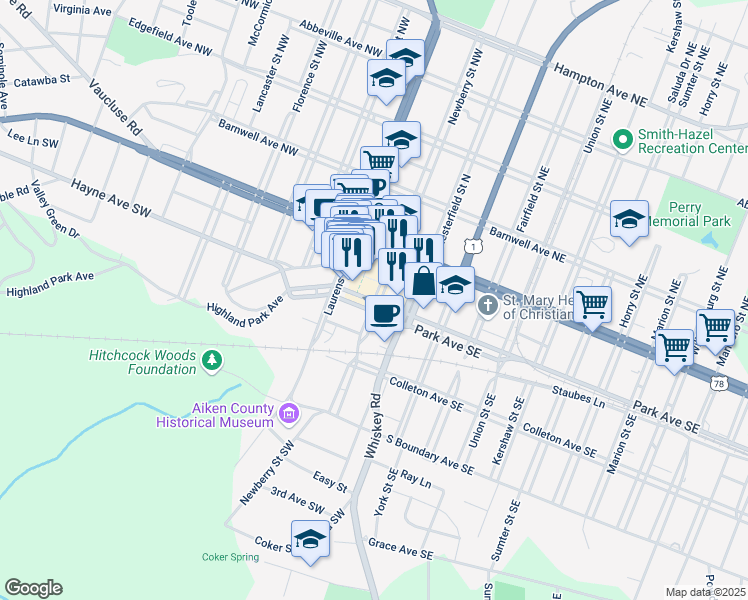 map of restaurants, bars, coffee shops, grocery stores, and more near in Aiken