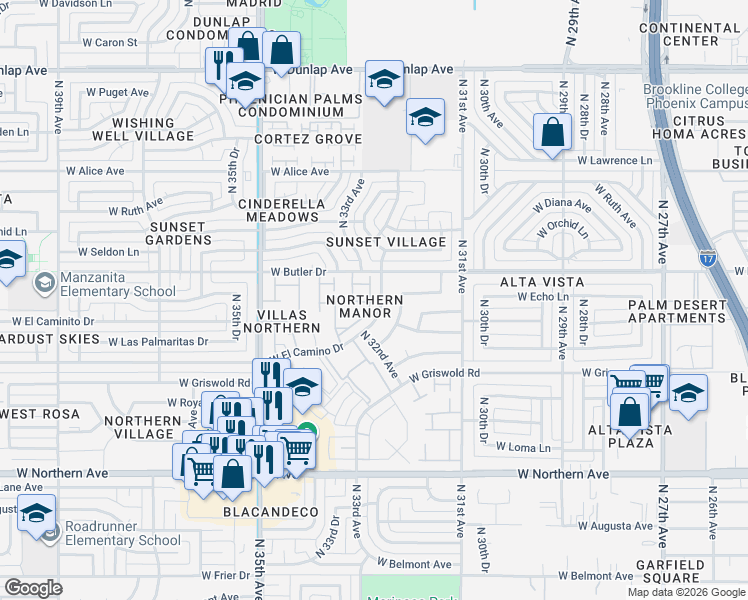 map of restaurants, bars, coffee shops, grocery stores, and more near 8413 North 32nd Avenue in Phoenix
