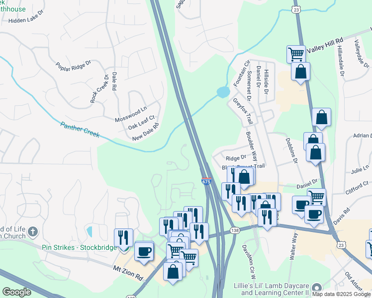 map of restaurants, bars, coffee shops, grocery stores, and more near 1300 Knight Chase Drive in Stockbridge