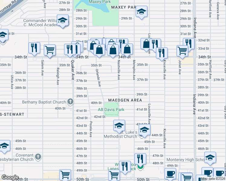 map of restaurants, bars, coffee shops, grocery stores, and more near 4007 38th Street in Lubbock