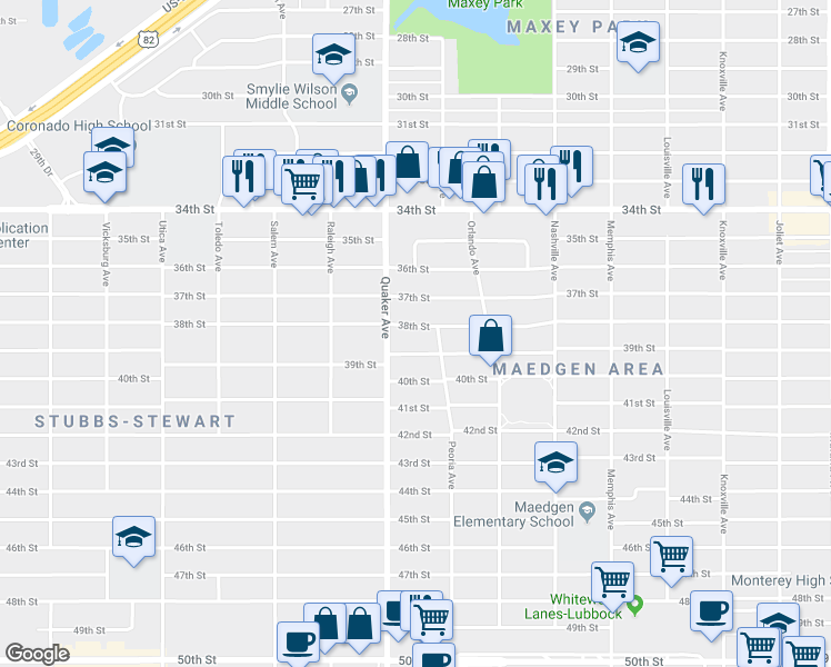 map of restaurants, bars, coffee shops, grocery stores, and more near 4305 38th Street in Lubbock