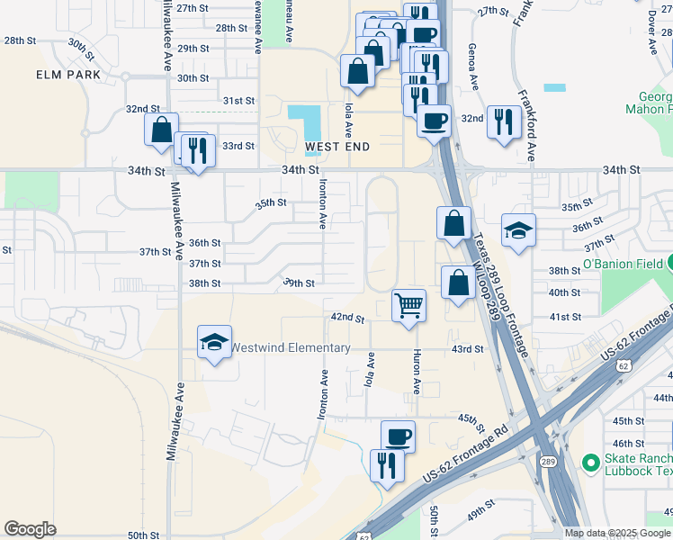 map of restaurants, bars, coffee shops, grocery stores, and more near 6113 38th Street in Lubbock