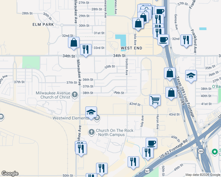 map of restaurants, bars, coffee shops, grocery stores, and more near 6140 38th Street in Lubbock