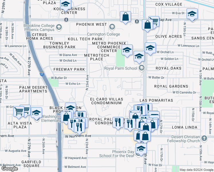 map of restaurants, bars, coffee shops, grocery stores, and more near 8344 North 21st Drive in Phoenix