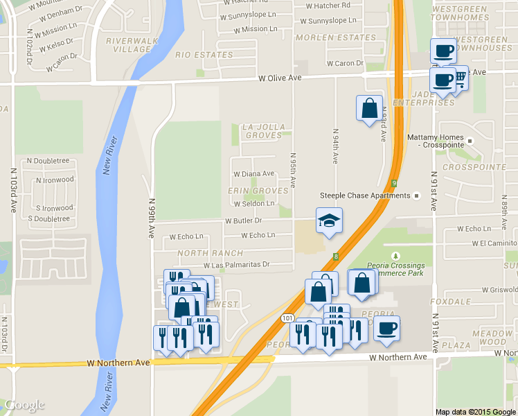 map of restaurants, bars, coffee shops, grocery stores, and more near 9587 West Seldon Lane in Peoria