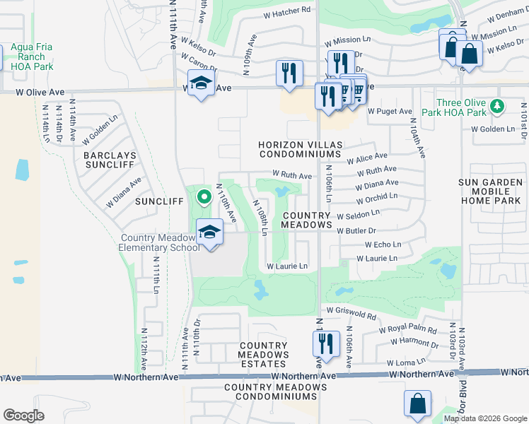 map of restaurants, bars, coffee shops, grocery stores, and more near 8566 North 108th Drive in Peoria
