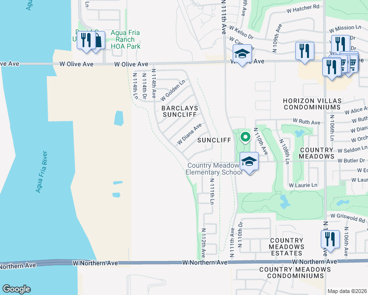 map of restaurants, bars, coffee shops, grocery stores, and more near 11334 West Orchid Lane in Peoria