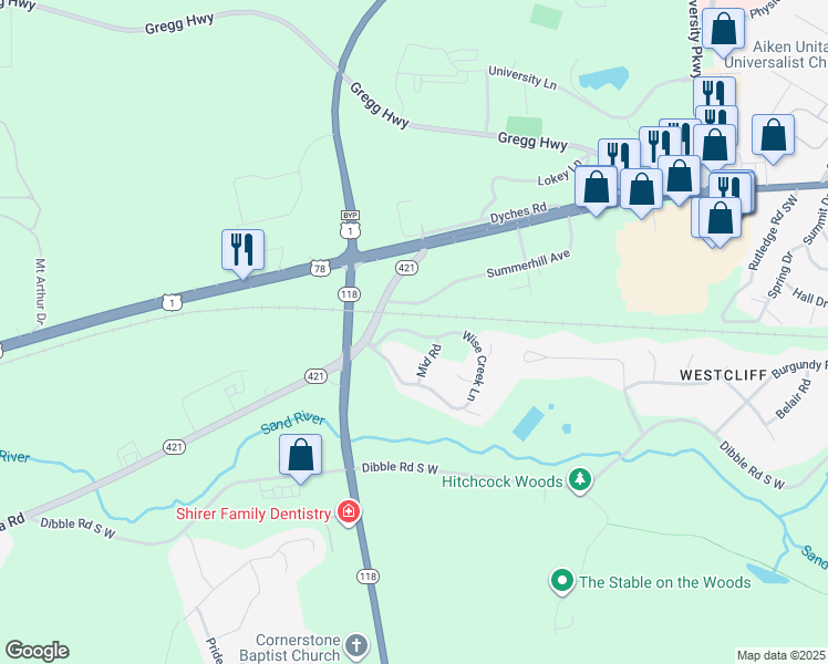 map of restaurants, bars, coffee shops, grocery stores, and more near Wise Creek Lane in Aiken