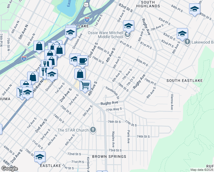 map of restaurants, bars, coffee shops, grocery stores, and more near 501 Vanderbilt Street in Birmingham