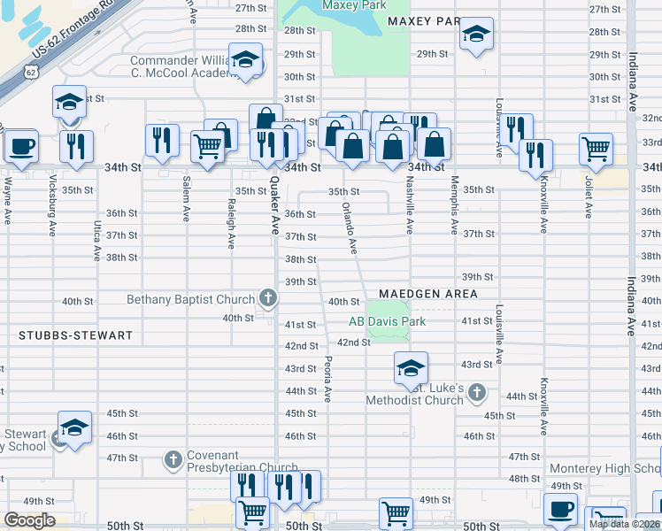 map of restaurants, bars, coffee shops, grocery stores, and more near 4211 38th Street in Lubbock