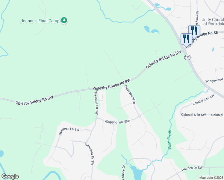 map of restaurants, bars, coffee shops, grocery stores, and more near 2140 Oglesby Bridge Road Southwest in Conyers