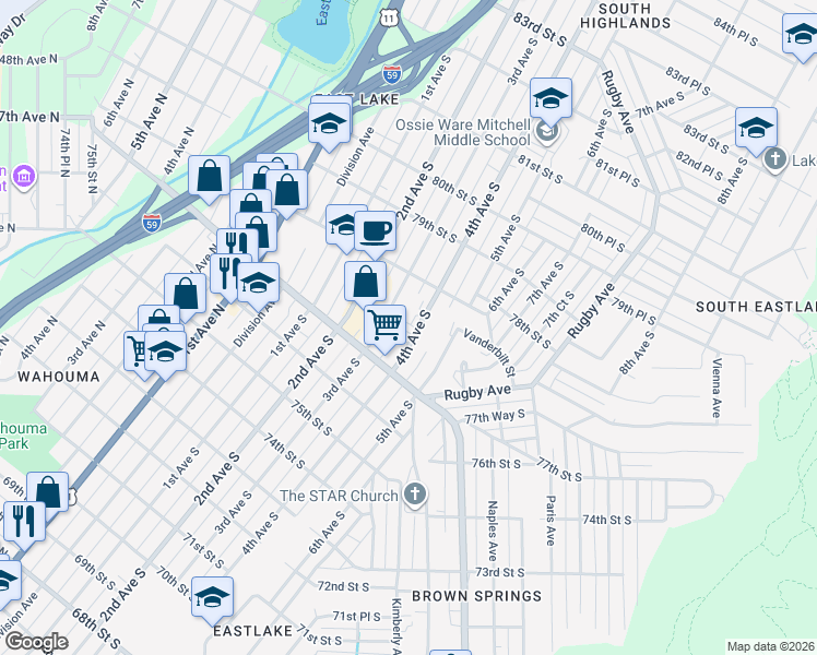 map of restaurants, bars, coffee shops, grocery stores, and more near 7740 4th Avenue South in Birmingham
