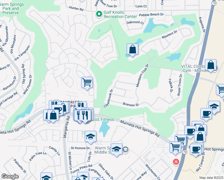map of restaurants, bars, coffee shops, grocery stores, and more near 38729 Clearbrook Drive in Murrieta