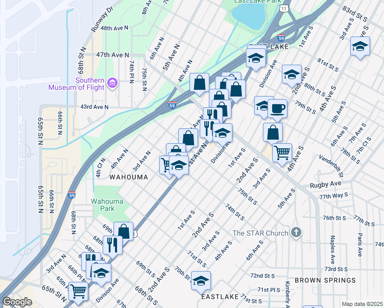 map of restaurants, bars, coffee shops, grocery stores, and more near 7432 1st Avenue North in Birmingham
