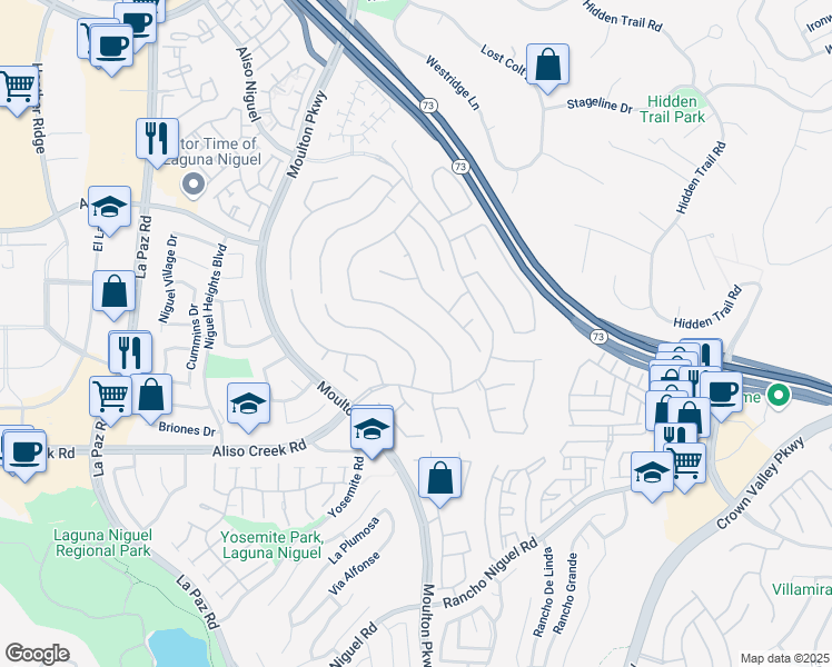 map of restaurants, bars, coffee shops, grocery stores, and more near 27761 Manor Hill Road in Laguna Niguel