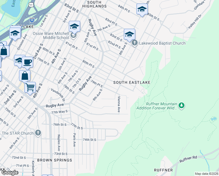 map of restaurants, bars, coffee shops, grocery stores, and more near 817 79th Place South in Birmingham