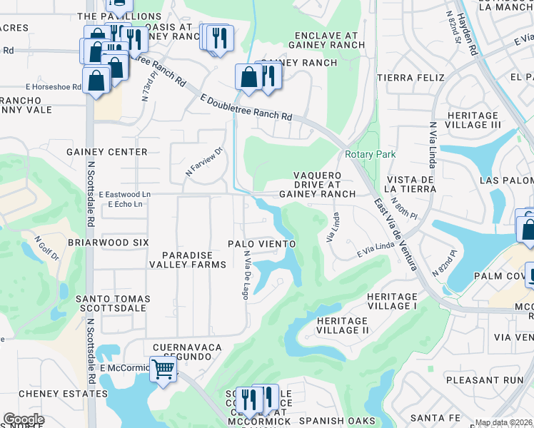 map of restaurants, bars, coffee shops, grocery stores, and more near 7626 East Vía De Corto in Scottsdale