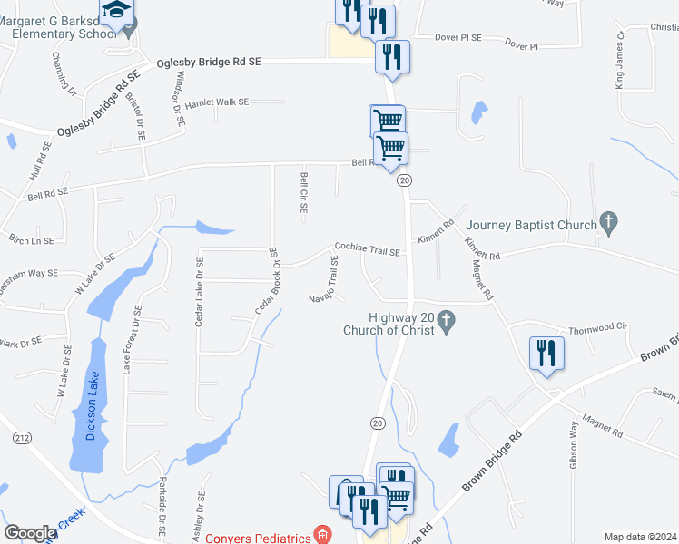 map of restaurants, bars, coffee shops, grocery stores, and more near 4824 Navajo Trail Southeast in Conyers