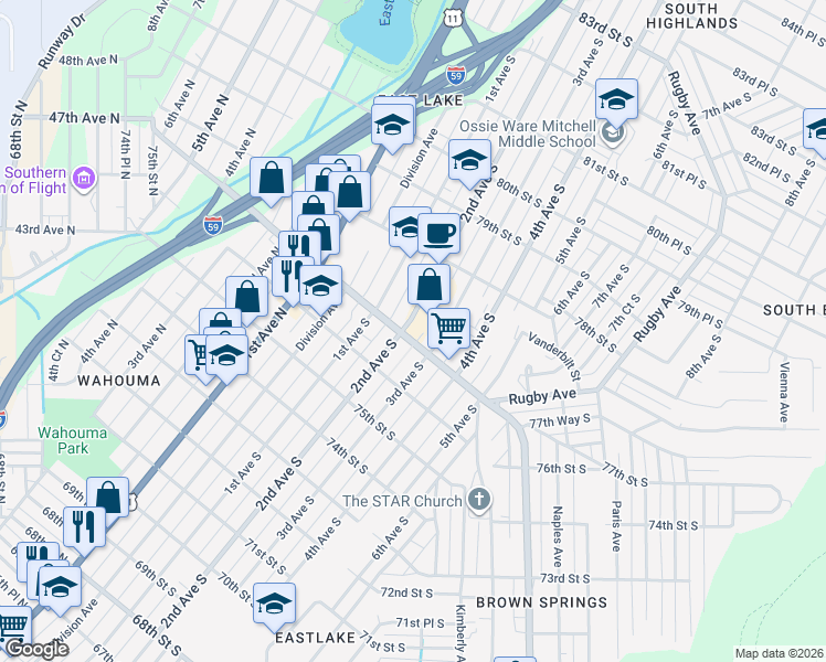 map of restaurants, bars, coffee shops, grocery stores, and more near 201 Oporto Madrid Boulevard in Birmingham