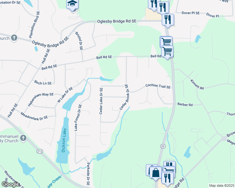 map of restaurants, bars, coffee shops, grocery stores, and more near 808 Greenwood Trail Southeast in Conyers