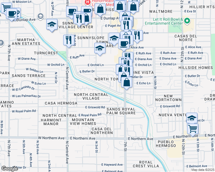 map of restaurants, bars, coffee shops, grocery stores, and more near 422 East Las Palmaritas Drive in Phoenix