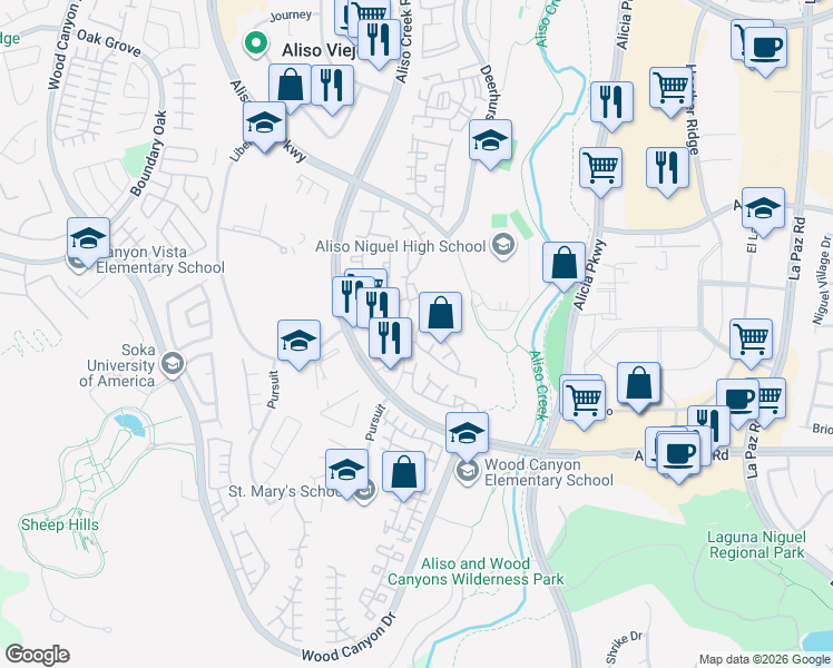 map of restaurants, bars, coffee shops, grocery stores, and more near 22 Matisse Circle in Aliso Viejo