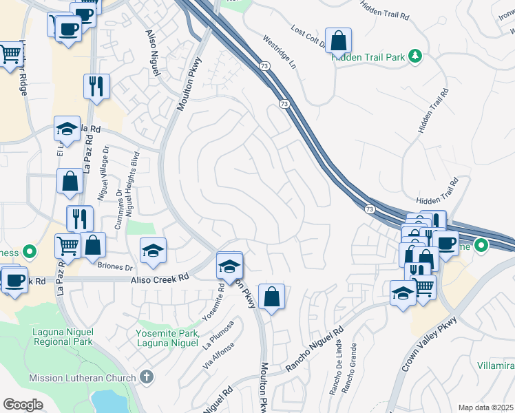 map of restaurants, bars, coffee shops, grocery stores, and more near 27761 Manor Hill Road in Laguna Niguel