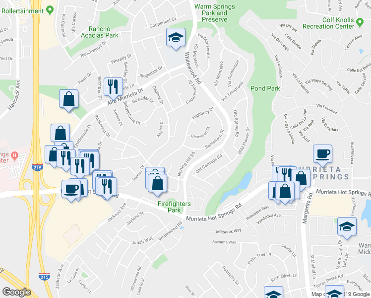 map of restaurants, bars, coffee shops, grocery stores, and more near 39750 Highbury Drive in Murrieta